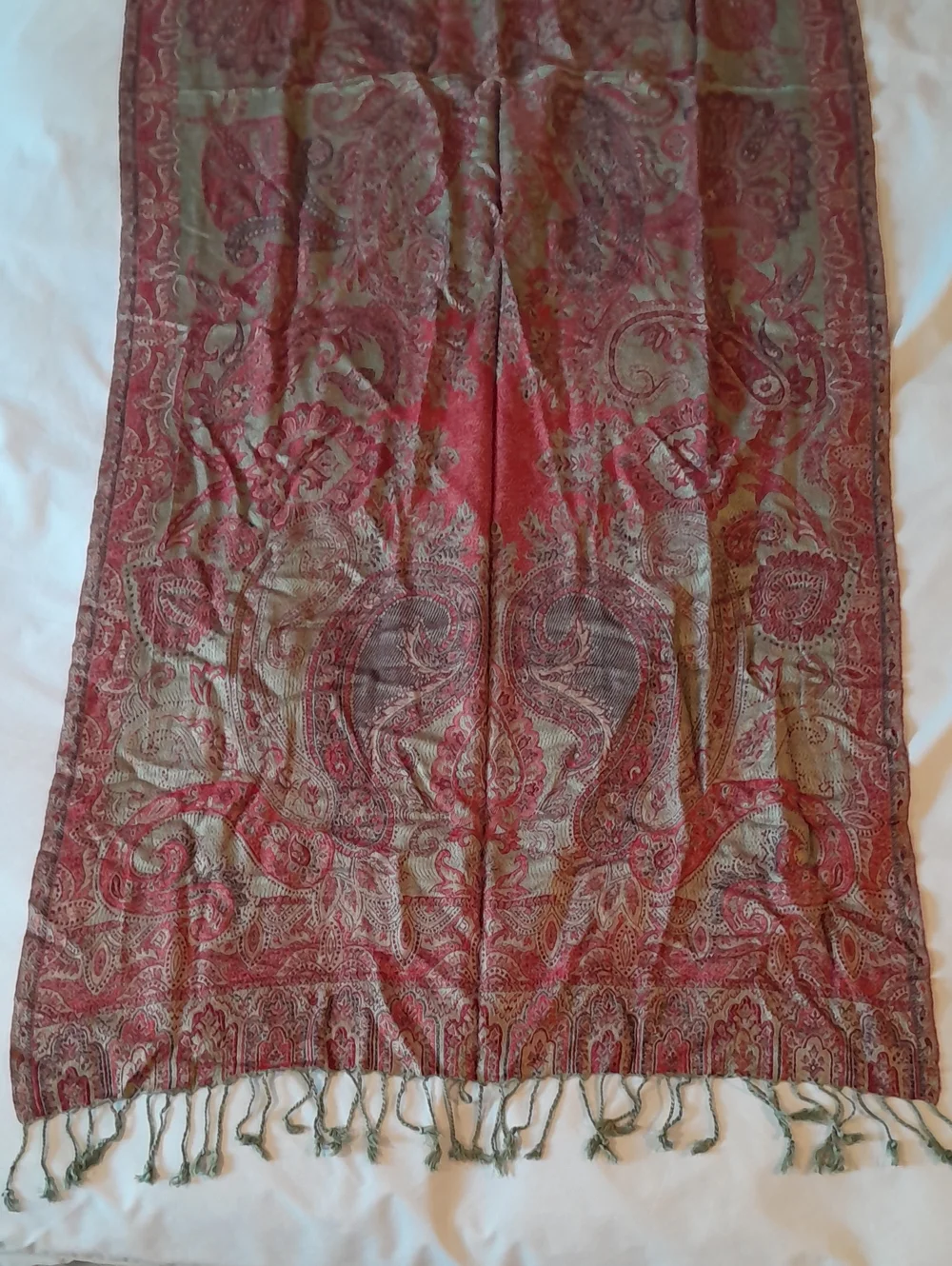 Red & Sage Green Paisley Pashmina Blanket Scarf with Fringe